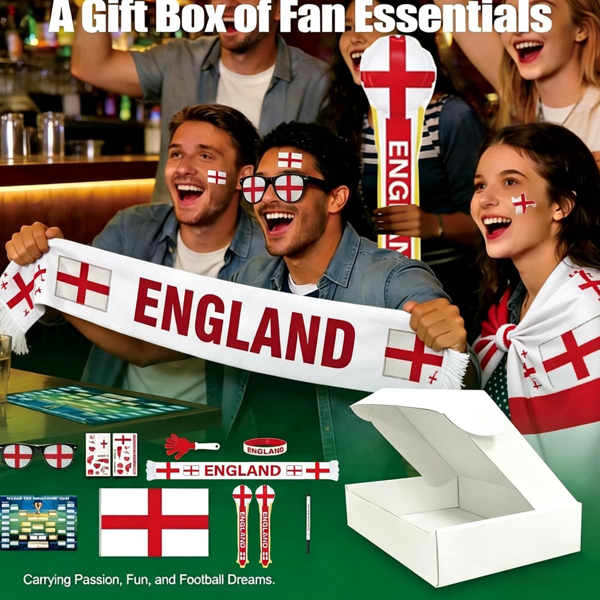 World Cup 2026 England Fan Pack, 11PCS Football Fan Equipment Set with England Flag, Glasses, Clappers, Wristbands & Face Sticker, 2026 World Cup Soccer Match Cheer Kit for Sports Event — view 3