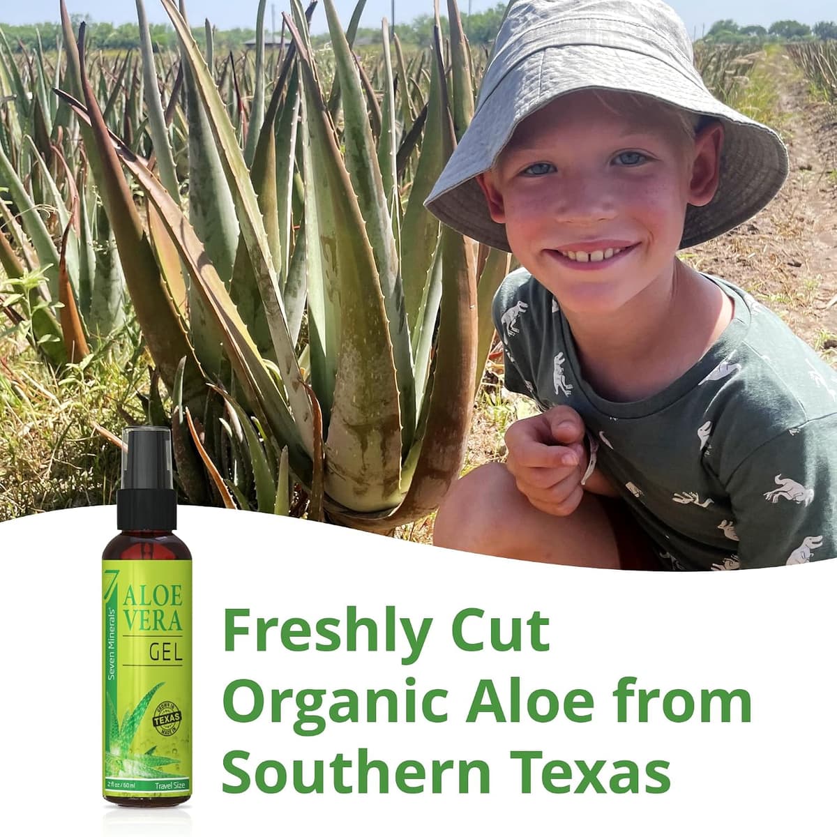 Seven Minerals, Travel Size Organic Aloe Vera Gel from freshly cut 100% Pure Aloe - 2 Fl Oz - HighestQuality, Texas grown, Vegan, Unscented - For Face, Skin, Hair, Sunburn relief (2 Fl Oz) — view 3