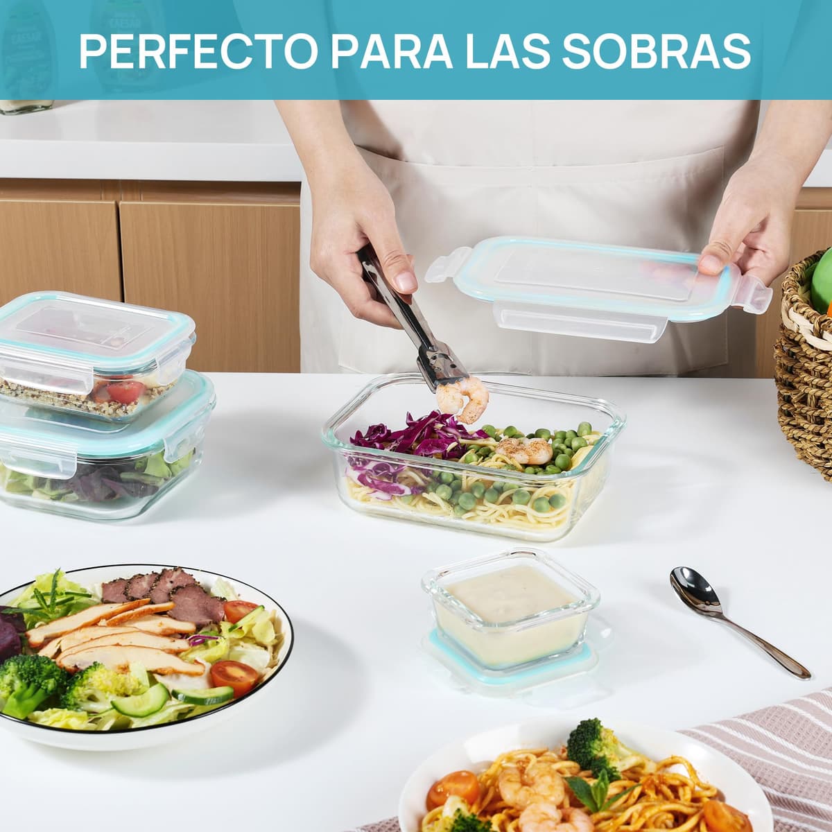 Vtopmart Set de 8 Unidades Recipientes de Cristal para Alimentos, Recipientes de Vidrio Hermeticos con Tapa, Reutilizables, Apilables, Apto Lavavajillas y Microondas,Libre de BPA — view 6