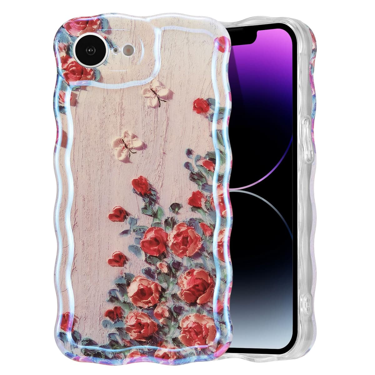 EYZUTAK Case for iPhone 16, Colorful Retro Oil Painting Printed Flower Laser Glossy Pattern Cute Curly Wave Edge Exquisite Phone Cover Stylish Durable TPU Protective Case for Girl Women-Green — view 110