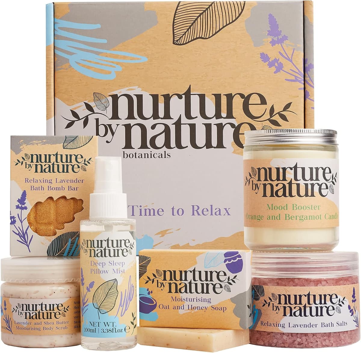 NURTURE BY NATURE Wellness Gift Set for Women - Spa Set with Lavender Pillow Spray, Body Scrub, Bath Bomb, and Scented Candle - Vegan - Valentine's & Mother's Day Gift