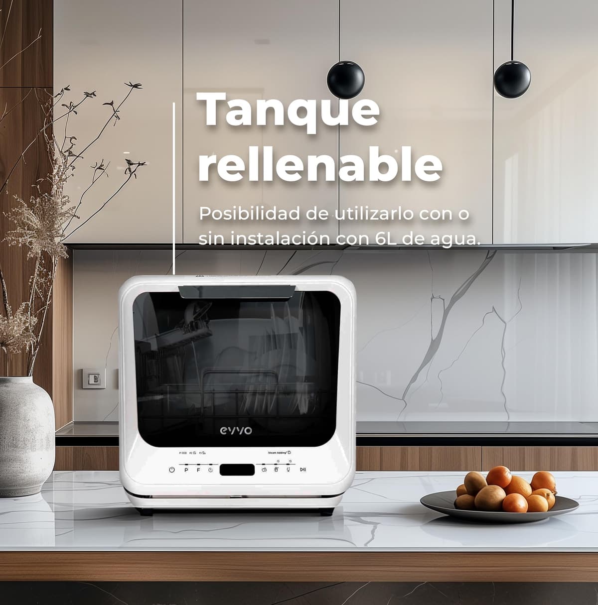 EVVO Lavavajillas Tamaño Pequeño, Compacto y Sin Instalación, Para Sobremesa o Encimera, 2 Servicios, 6 Pogramas, Secado Extra, Programa ECO, Programa Autolavado, Inicio Diferido, Mini D Trip (Blanco) — view 3