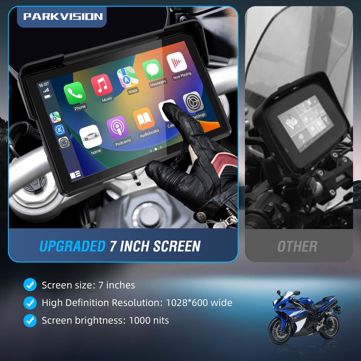 PARKVISION 7-Inch Waterproof Motorcycle Sat Nav Motorbike Carplay Screen with Wireless Apple CarPlay & Android Auto – Bluetooth Touchscreen Display Motorbike Carplay Screen — view 3