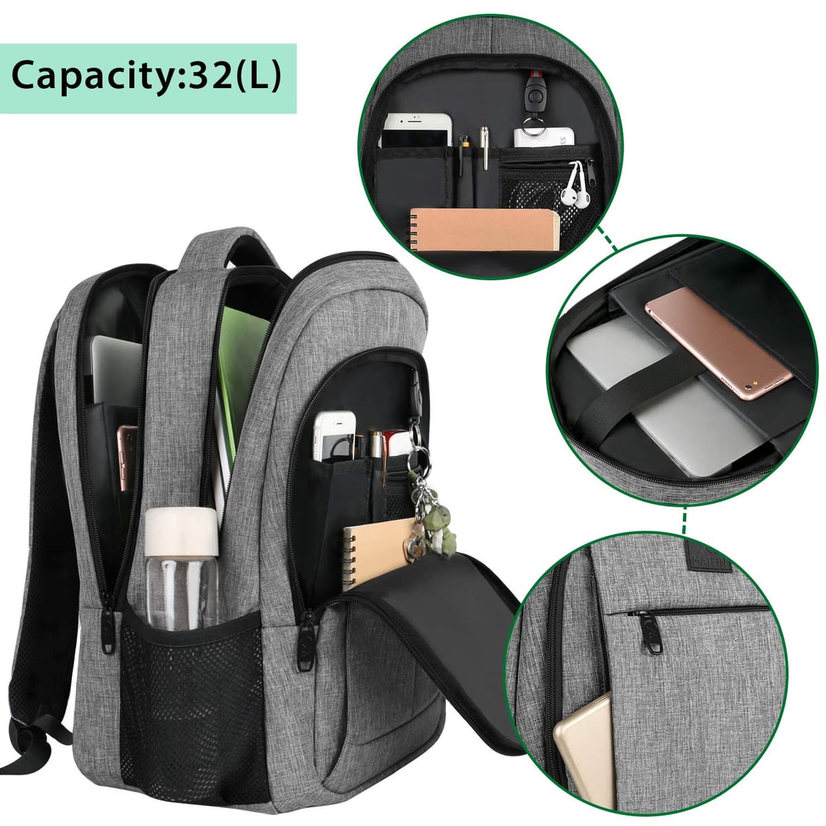 MATEIN Travel Laptop Backpack, Work Bag Lightweight Laptop Bag with USB Charging Port, Anti Theft Business Backpack, Water Resistant School Rucksack Gift for Men and Women, Fits 15.6 Inch, Grey — view 3
