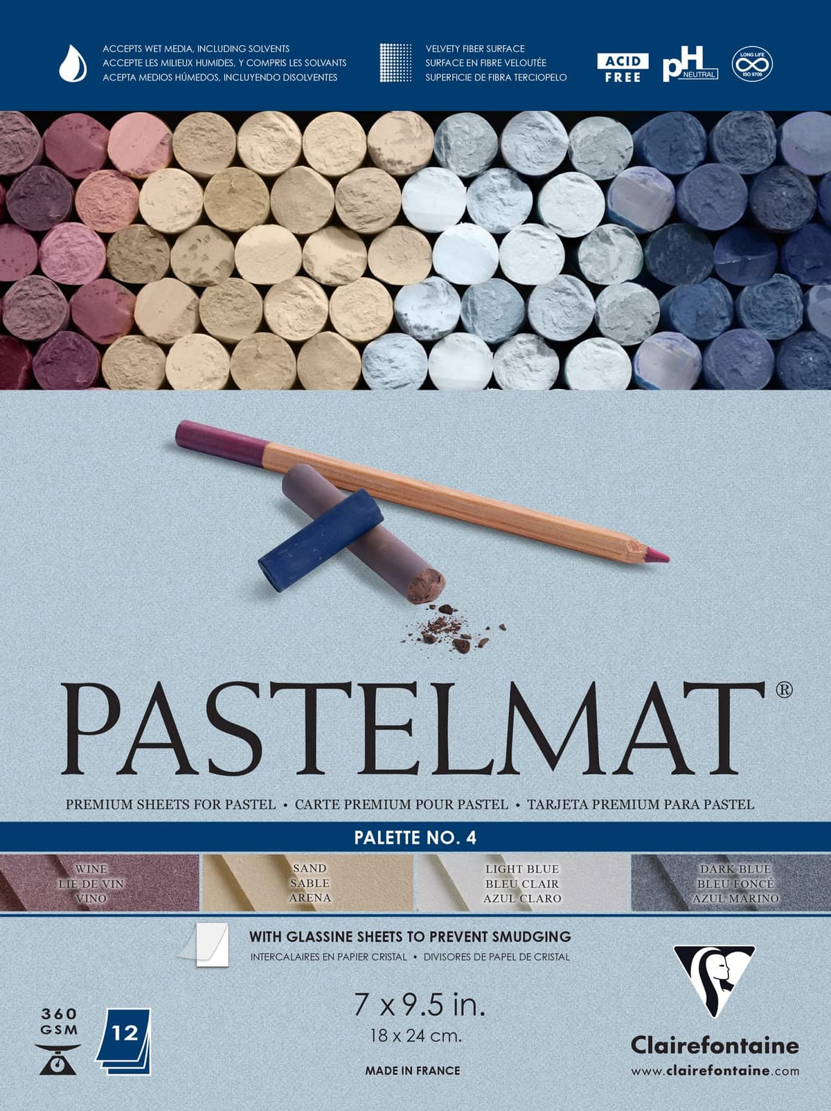 Clairefontaine Pastelmat Glued Pad - Palette No. 4 - (7 x 9 1/2 Inches) 18 x 24 cm - 360g - 12 Sheets - Dark Blue, Light Blue, Wine, Sand
