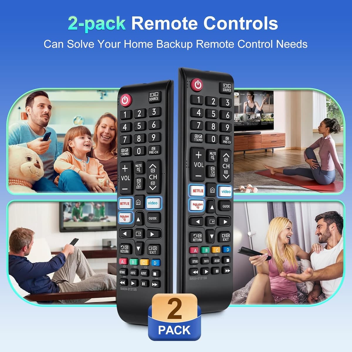 【Pack of 2】Universal for Samsung-TV-Remote Replacement,Compatible with All Samsung LED, QLED, Curved, HDTV, 3D, 4K& Smart TVs — view 3