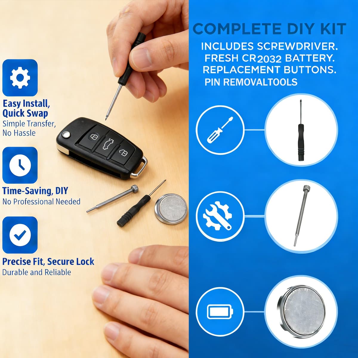 3 Buttons Flip Key Fob Case for Audi A3 A4 A6 A6L A8 Q7 TT S3 S4 S6 Quattro Entry Remote Fob Battery CR2032 &Pin Removal Tool with uncut blade — view 3