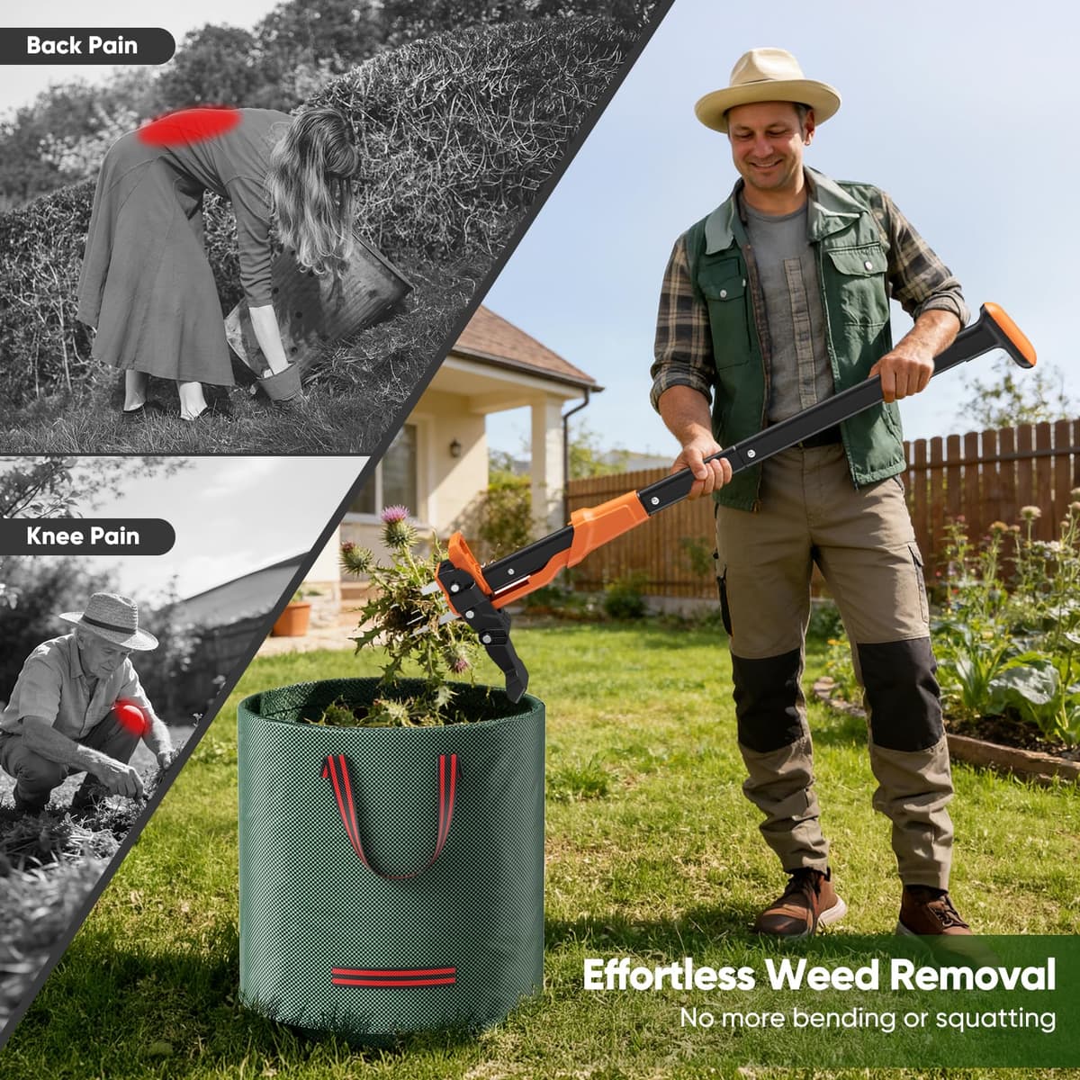 Weed Puller with 60L Garden Bag, Length 100cm, with 4 Strong Claws, Garden Tool for Lawn, Patio, Garden — view 5