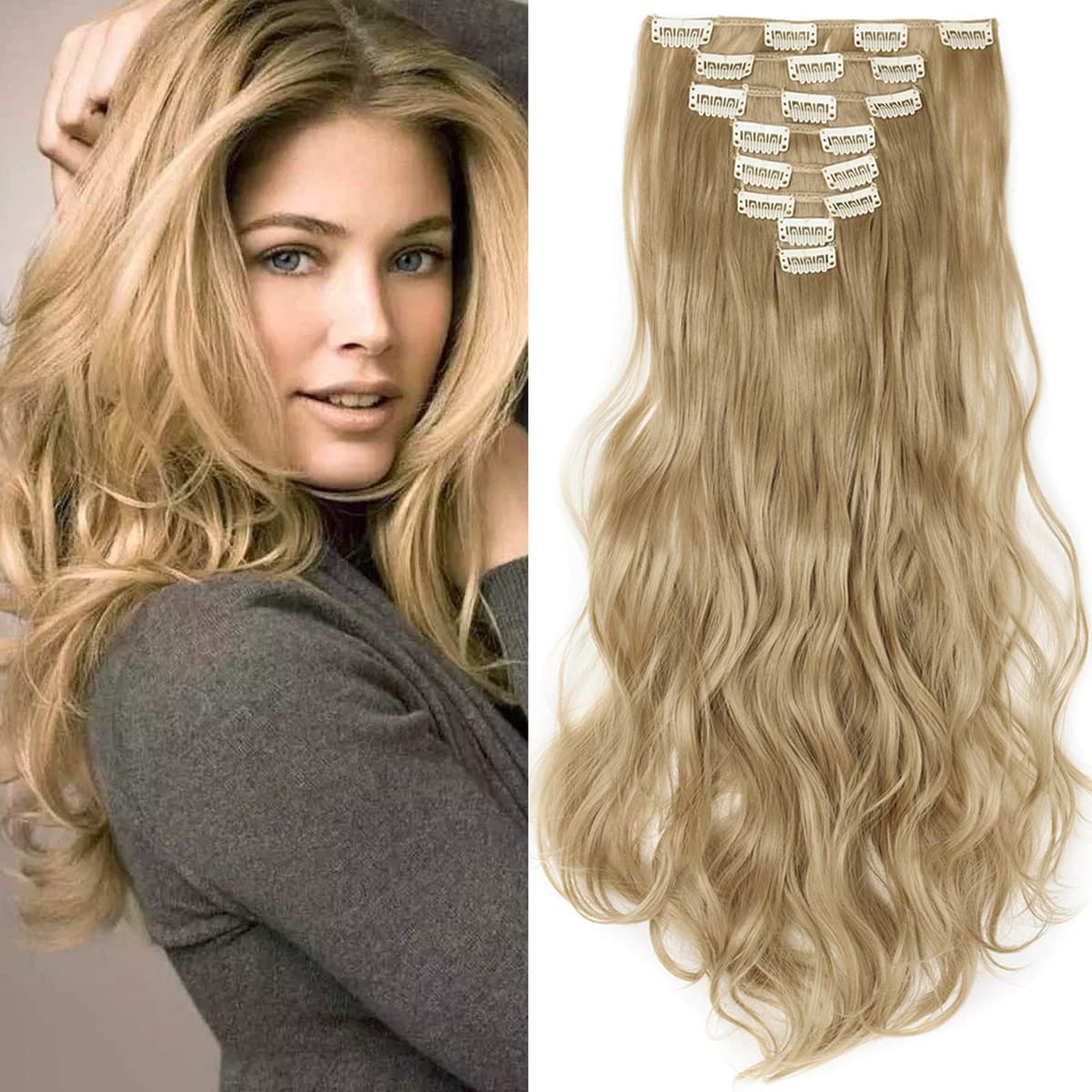 24"(60cm) SEGO Extensiones de Cabello Clip de Pelo Sintético Se Ve Natural 8 PCS [Sandy Rubio mezcla Blanqueador Rubio] Rizado Ondulado Largo Postizos Pelucas (140g) — view 40