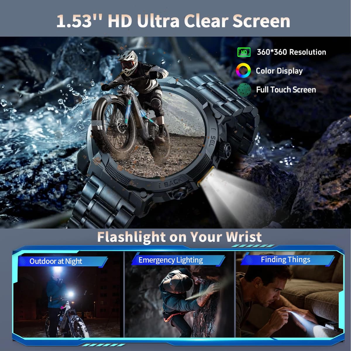 Smart Watches for Men (Answer/Make Call), 1.53" HD Military Smartwatch, 50+ Days Extra-Long Battery Life Fitness Watch , Flashlight/110+Sports/Heart Rate/Sleep Monitor/IP68 Waterproof Android iOS — view 3