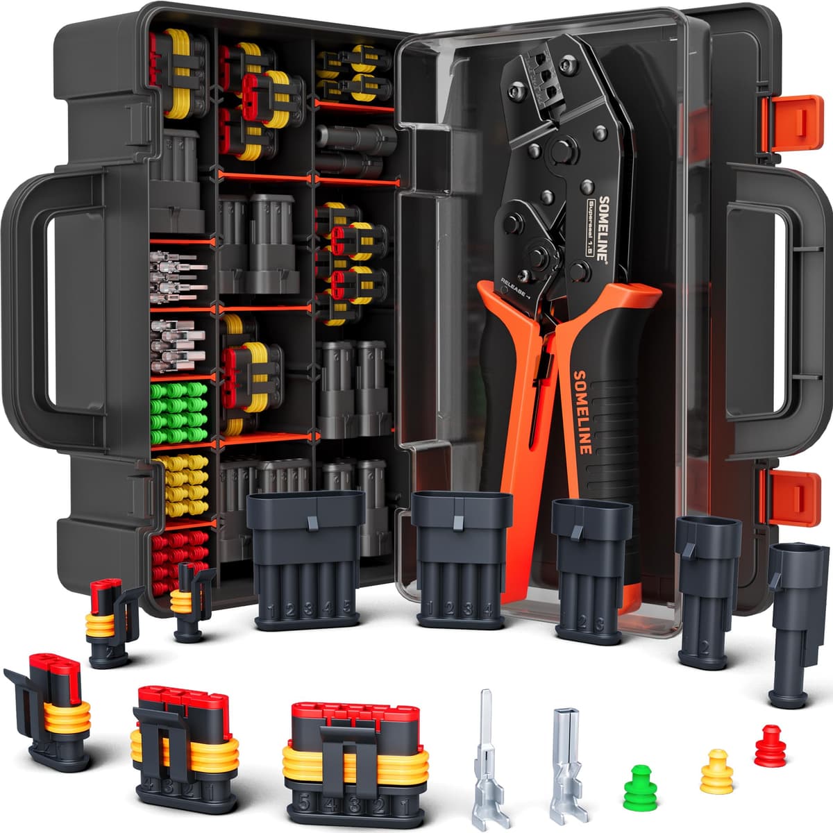 SOMELINE Waterproof Automotive Electrical Connector Crimping Tool Kit, 1/2/3/4/5/6 Pin Wire Connectors, with 0.34–2.5mm² Ratchet Crimping Pliers & Terminal Removal Tool – for Car, Motorcycle, Marine — view 11