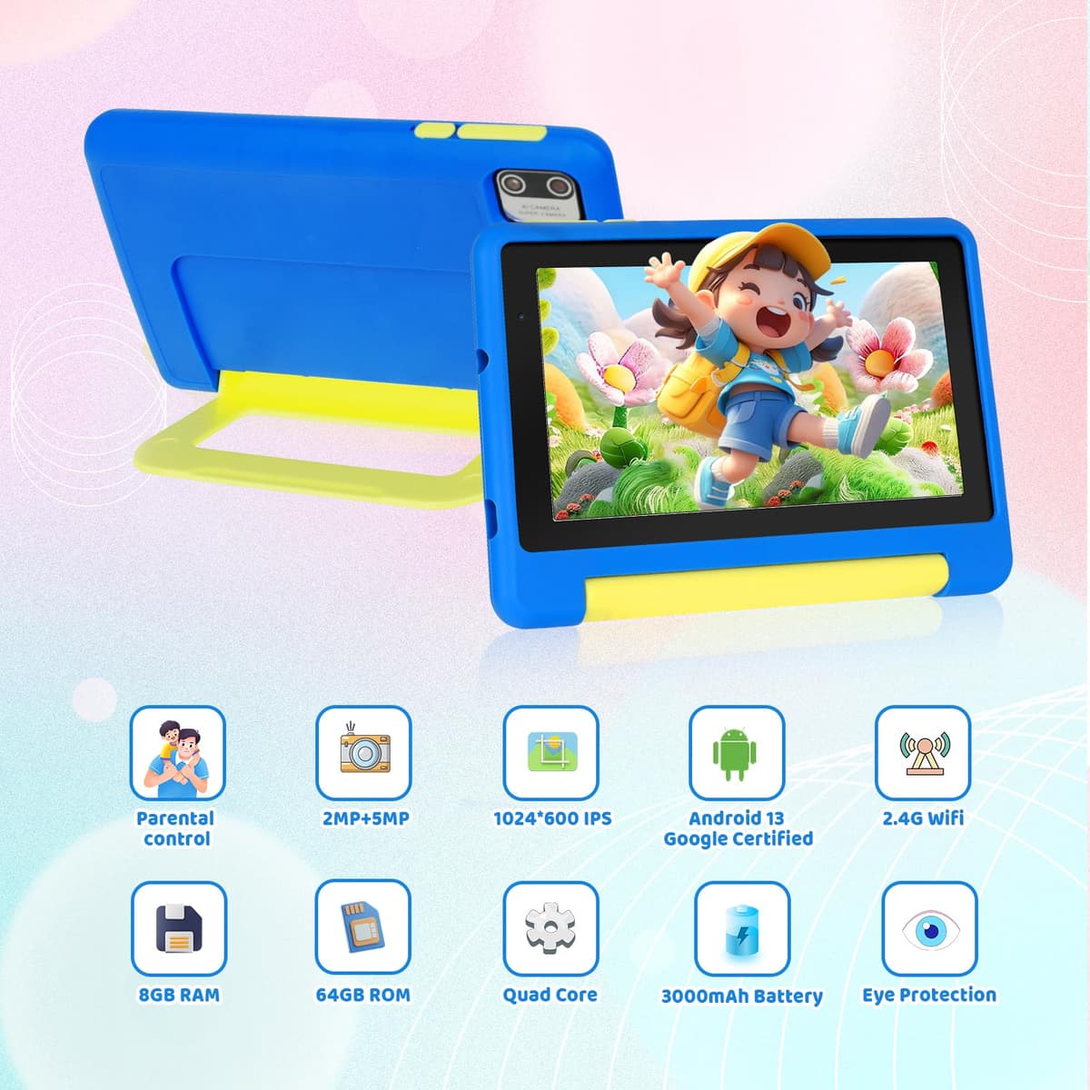 Whitedeer Kids Tablet, 7 inch Tablet for Kids 3-7 Ages 8GB RAM +64GB ROM, Android 13, Parental Controls, Dual Camera, Wi-Fi, Bluetooth, Type-C, Impact Resistant Case, Gift,Blue — view 3
