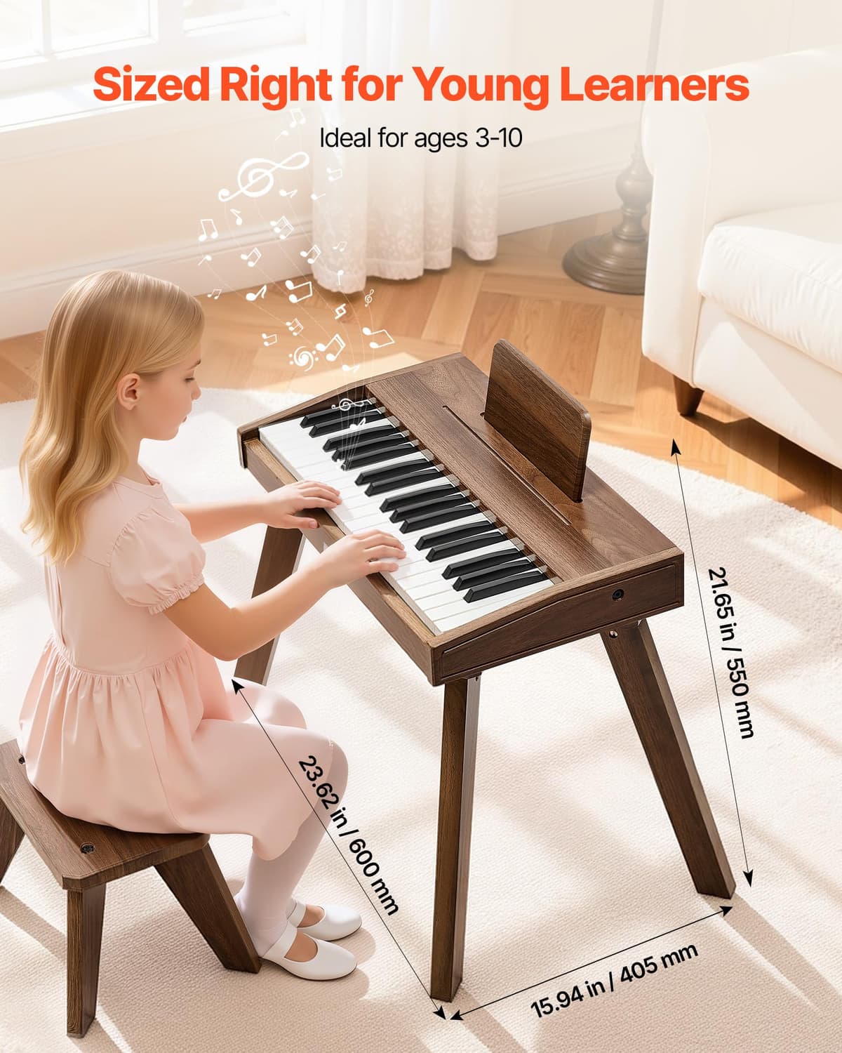VEVOR Teclado de Piano Infantil 37 Teclas de Madera con Silla, Piano Electrónico para Niños 3-10 Años, Volumen Ajustable, USB-C o Pilas, con Pegatinas de Notas y Hojas de Práctica para Viaje Casa Aula — view 3