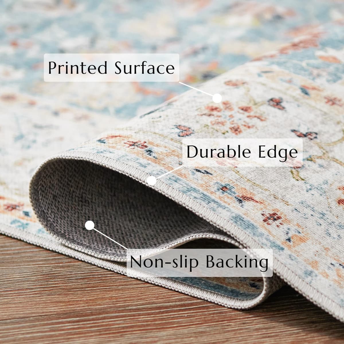 JINCHAN Area Rug 2x5 Runner Rug Door Mat Vintage Distressed Rug Doormat Entrance Mat Foldable Thin Rug Blue Floral Print Carpet Non Slip Boho Farmhouse Kitchen Living Room Bedroom Dining Room — view 4