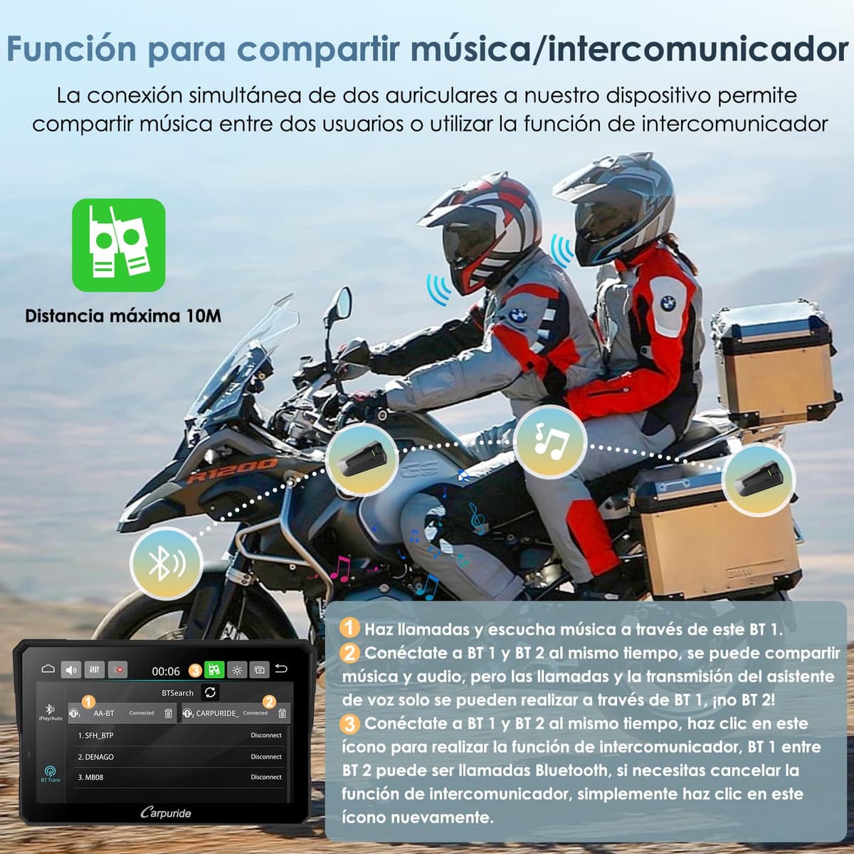 Carpuride W702T Pro Motocicleta Carplay Pantalla con TPMS Sistema, Inalámbrico CarPlay y Android Auto, 7" Impermeable Táctilpantalla, Dual Bluetooth, Intercomunicador Función, Nav, Brújula, Barómetro. — view 6