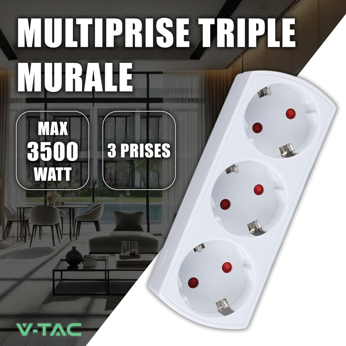 V-TAC Adaptador Múltiple 3 ENCHUFES - Enchufe de Pared 3 Tomas de Corriente 16A Shuko para el Hogar, Oficina, Tienda, Garaje, Cocina - Regleta Múltiple 3 Enchufes - 250V Compacta y Práctica — view 2