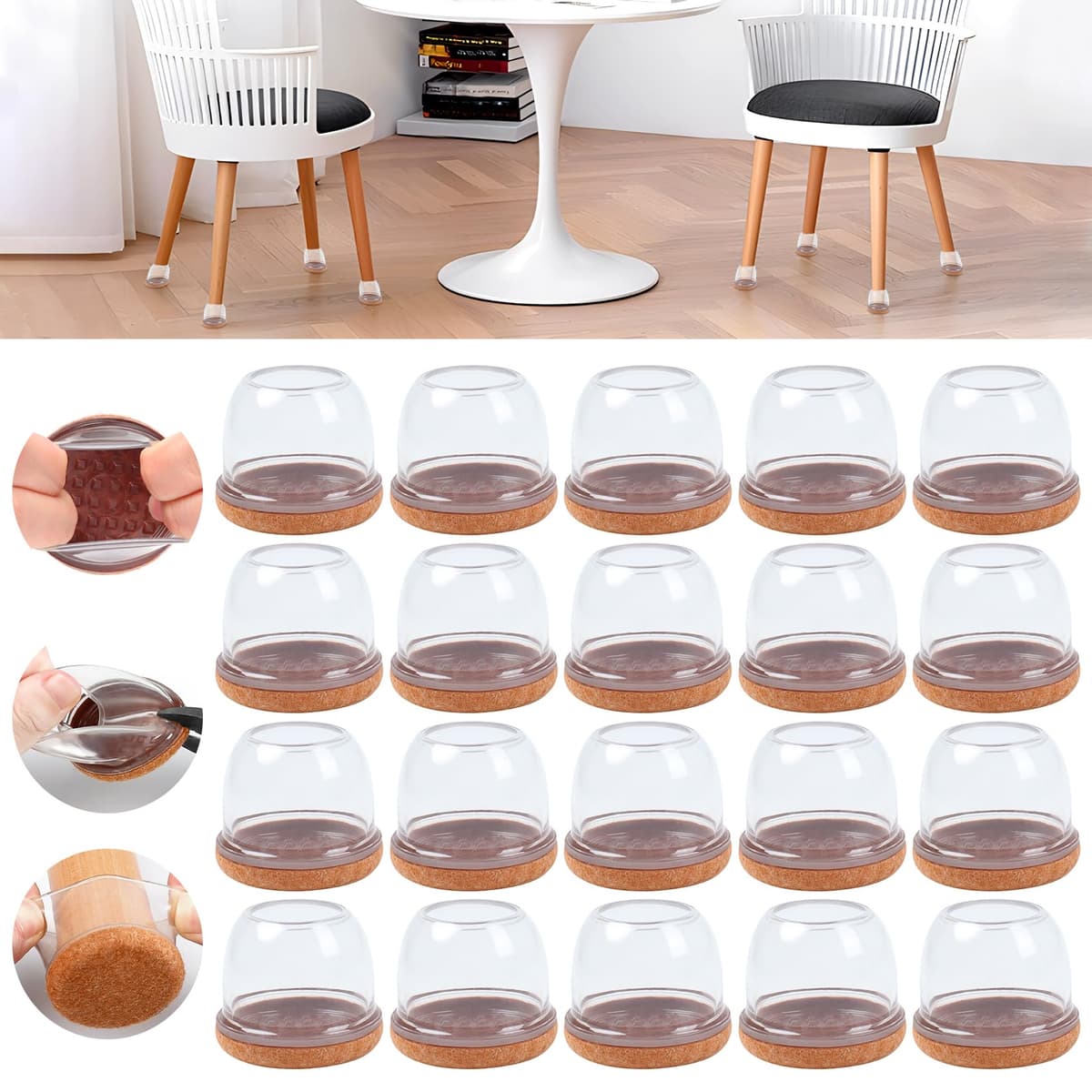 Ezprotekt Protectores de Suelo Transparentes para Patas de Silla 20-28mm, 16 Tapones de Silicona con Fieltro Envuelto, Fundas de Silicona Redondo — view 45