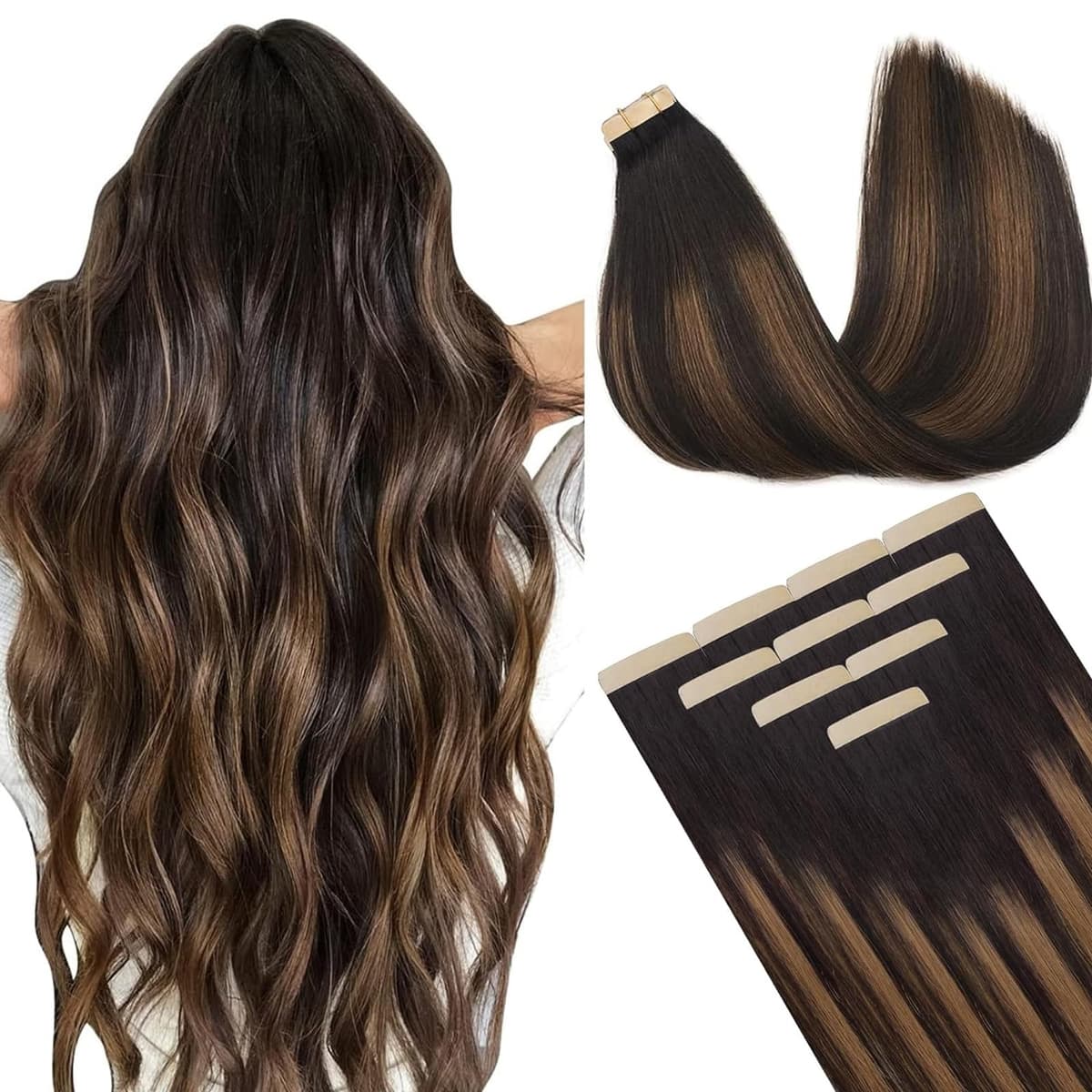 DOORES Tape in Hair Extensions Human Hair, Balayage Dark Brown to Chestnut Brown 50g 20pcs 18 Inch, Human Hair Extensions Natural Remy Straight Skin Weft — view 71