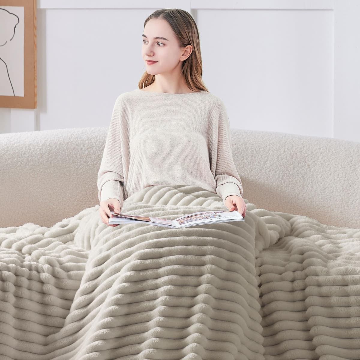 BEDELITE Fluffy Fleece Throw Blanket, Striped Decorative Soft Warm Gift for Sofa Bed Couch, Throw Size, Linen Beige — view 2