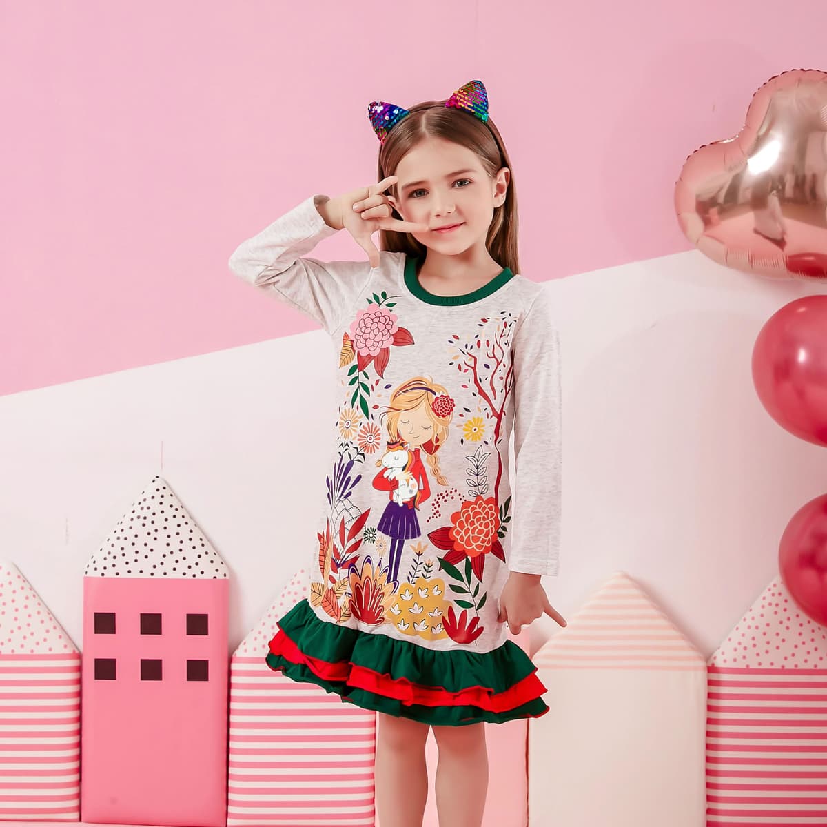 VIKITA Niñas Vestidos Algodón Animal Bordado Manga Larga Vestido para Niños — view 2
