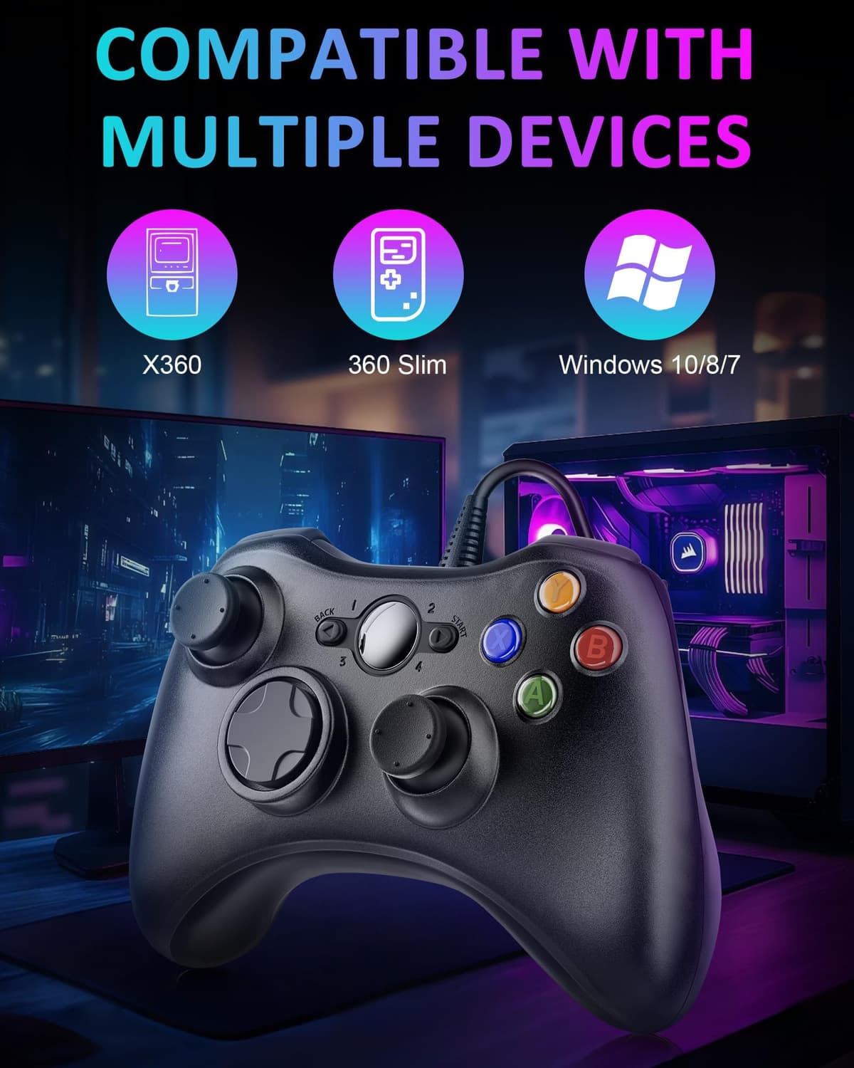Suoxiom Wired Controller for Xbox 360 PC, USB Gaming Gamepad with Ergonomic Design, Plug & Play Dual Vibration Controller Compatible with Xbox 360 & Windows 10/8/7/XP — view 2