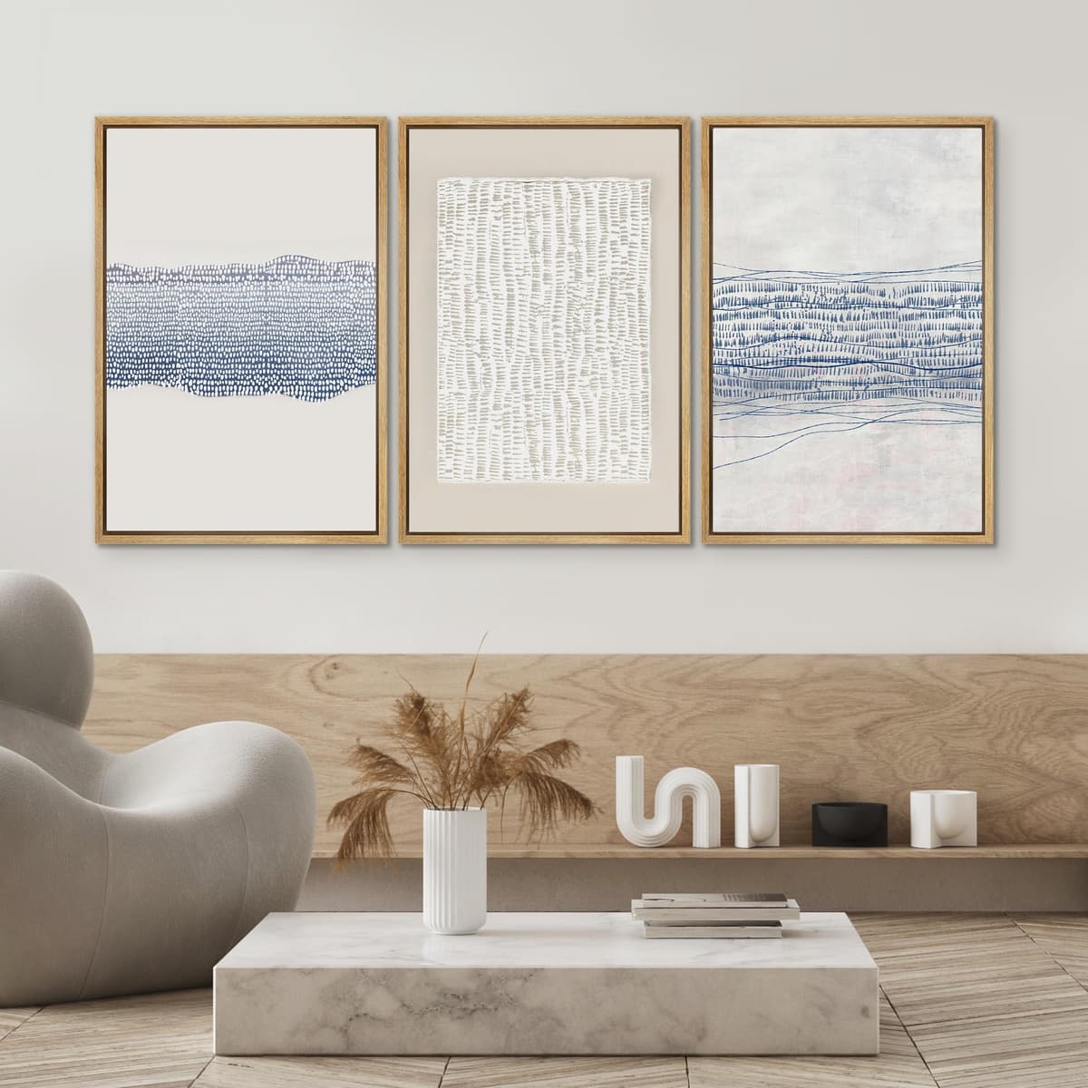 SIGNWIN Framed Canvas Print Wall Art Set Blue White Grunge Geometric Pattern Abstract Shapes Cozy Neutral Decorative Contemporary Minimal for Living Room, Bedroom, Office - 24"x36"x3 Natural — view 4