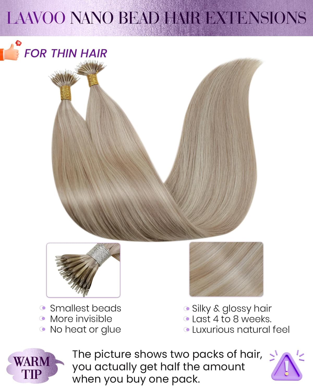 LaaVoo Nano Beads Hair Extensions Human Hair Nano Hair Extensions Blonde Invisible Nano Ring Straight Remy Highlight Medium Blonde Real Hair 50g 50s 14 Inch #18/613 — view 2