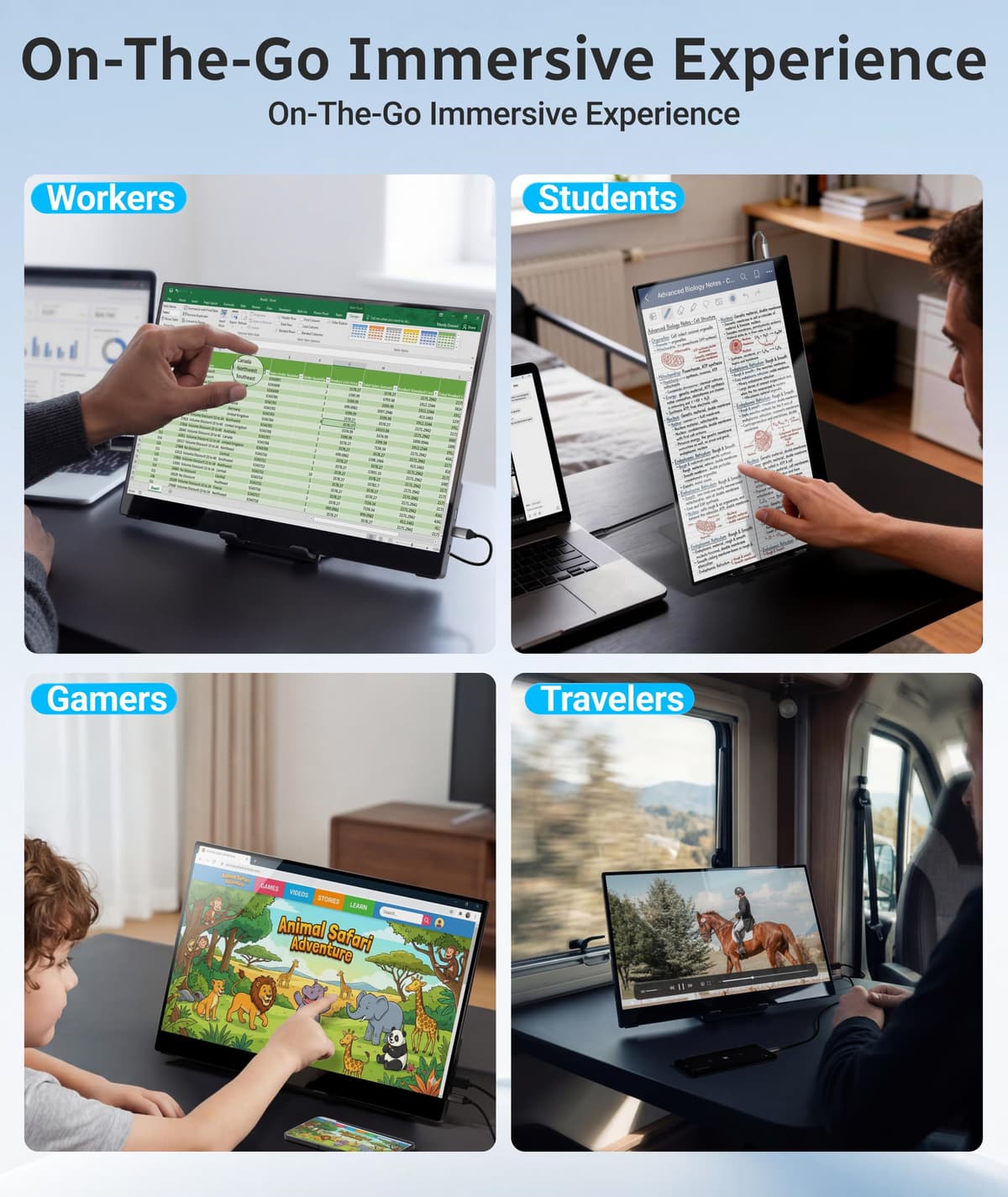 Ingnok Portable Monitor Touchscreen 15.6" FHD 10-Point Touch Screen Monitor W/Vesa & 360° Kickstand, 1200:1 USB-C Mini HDMI Ultra-Thin Travel Monitors for Laptop/PC/Macbook/Phone — view 4