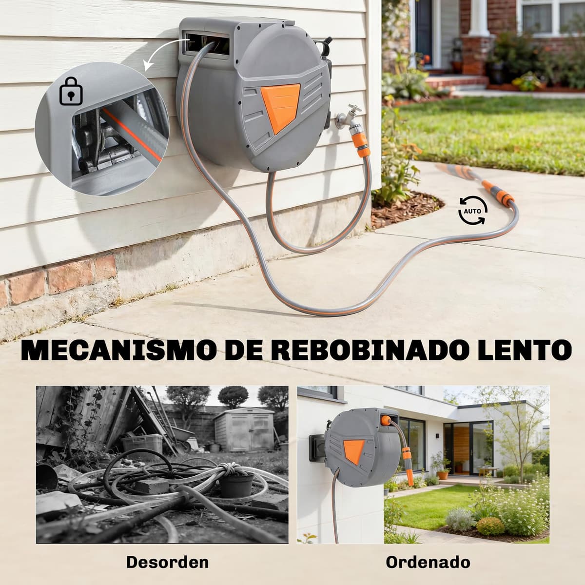 Outsunny Enrollador de Manguera para Jardín 20+1,6 m con Boquilla de 2 Modos, Carrete de Manguera de Jardín de Pared con Bloqueo Automático y Retracción Controlada, Soporte Orientable 180°, Naranja — view 4