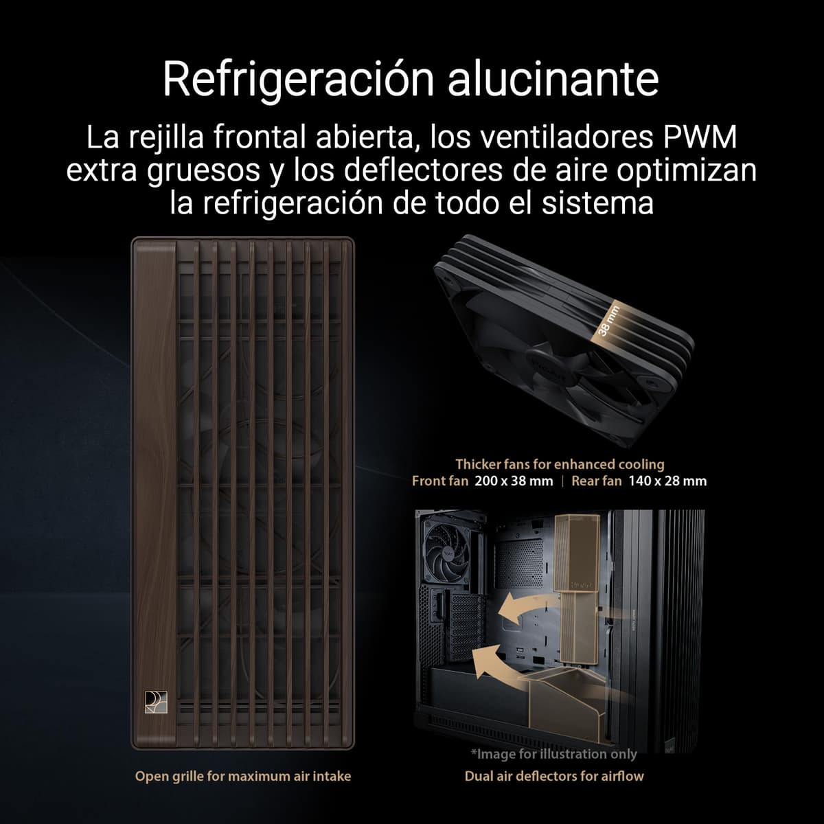 ASUS ProArt PA602 Wood Edition Modern Black - Chasis E-ATX con Panel de Cristal Templado, Compatible con GPU de hasta 440 mm y radiadores de 420 mm, Ventiladores de 140 mm y de 200 mm preinstalados — view 3