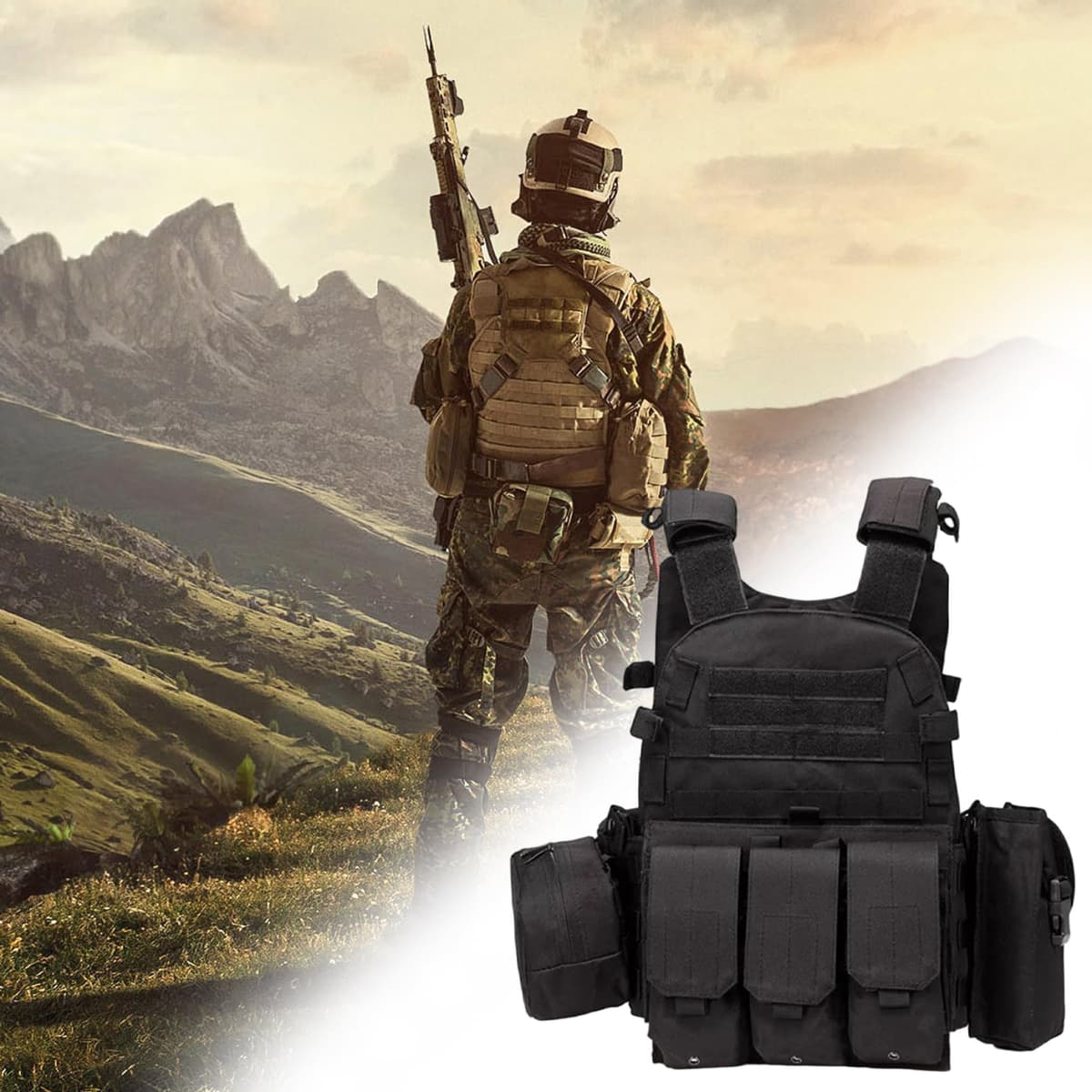 Chaleco Airsoft Portador de Placa Molle Multifuncional Chaleco de Paintball Transpirable Ajustable para Entrenamiento de Guardias de Seguridad Campo y Exteriores — view 4