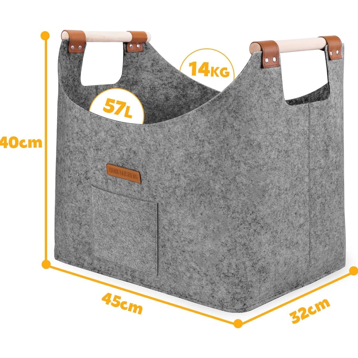 Leñero interior XL cesta de fieltro de fieltro extra grueso y asa reforzada | Cesta leña plegable bolsa de fieltro para la compra, leña, periódico o leña(gris tórtola) — view 3