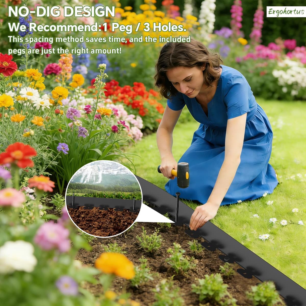 Lawn Edging, 10m Garden Edging Border with 30 Pegs, Plastic Garden Borders Edging with 4.6cm High, Flexible for Grass Edging, Flower Beds Edging, Lawns and Pathway, Black — view 5