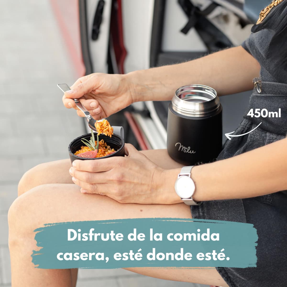 Milu Termo para Comida 450 ml Taza Aislada, Botella de Acero Inoxidable Aislada Alimentos, Beber y sopa de los niños de adultos Térmico (450ml/Verde Azul) — view 9