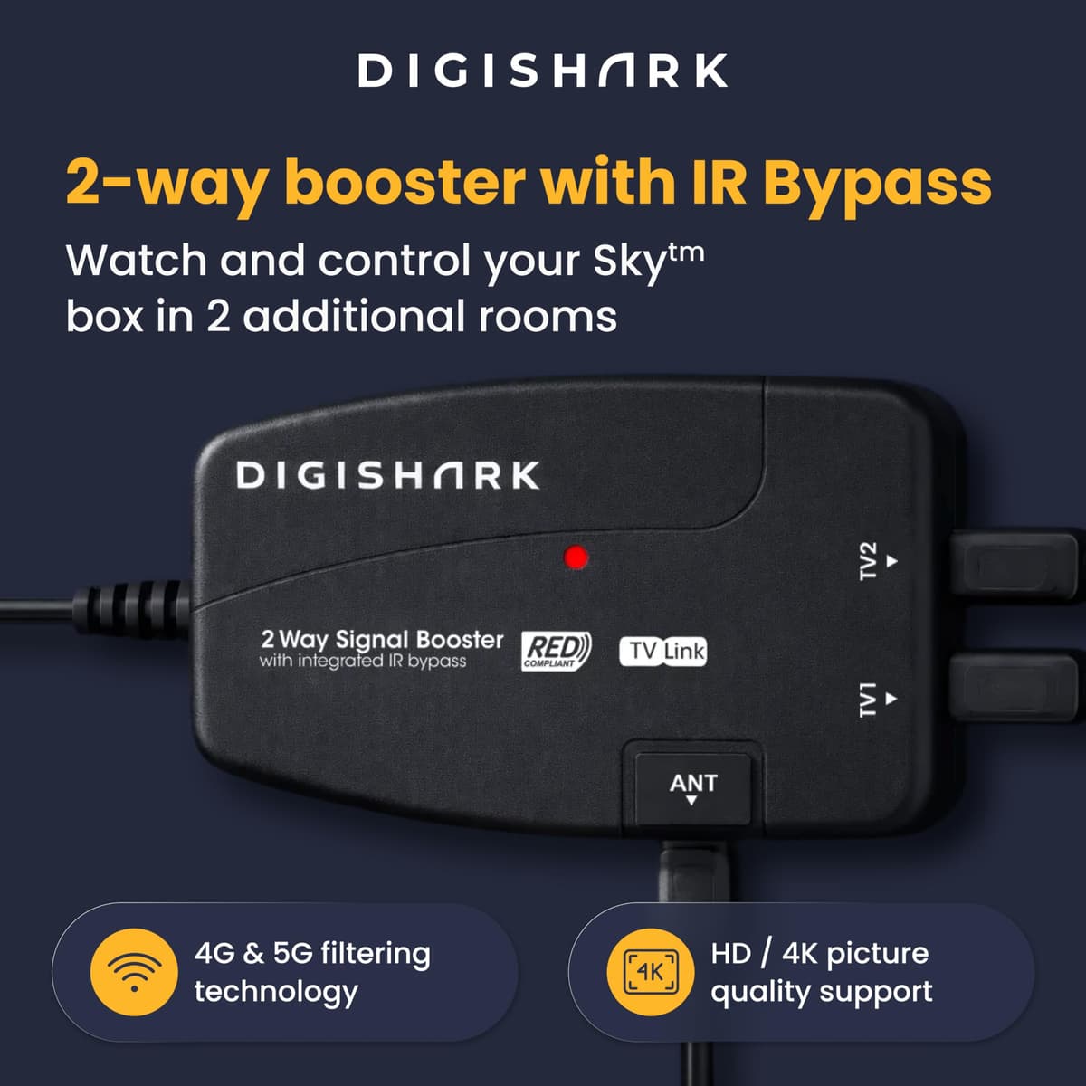 2 Way TV Aerial Signal Booster&Splitter Amplifier, Improves Picture Quality&Channel Reception, IR Bypass Compatible, Built-In 4G/5G LTE Filter, Freeview HD UHF Ch 21-60, 4K, FM&DAB — view 2
