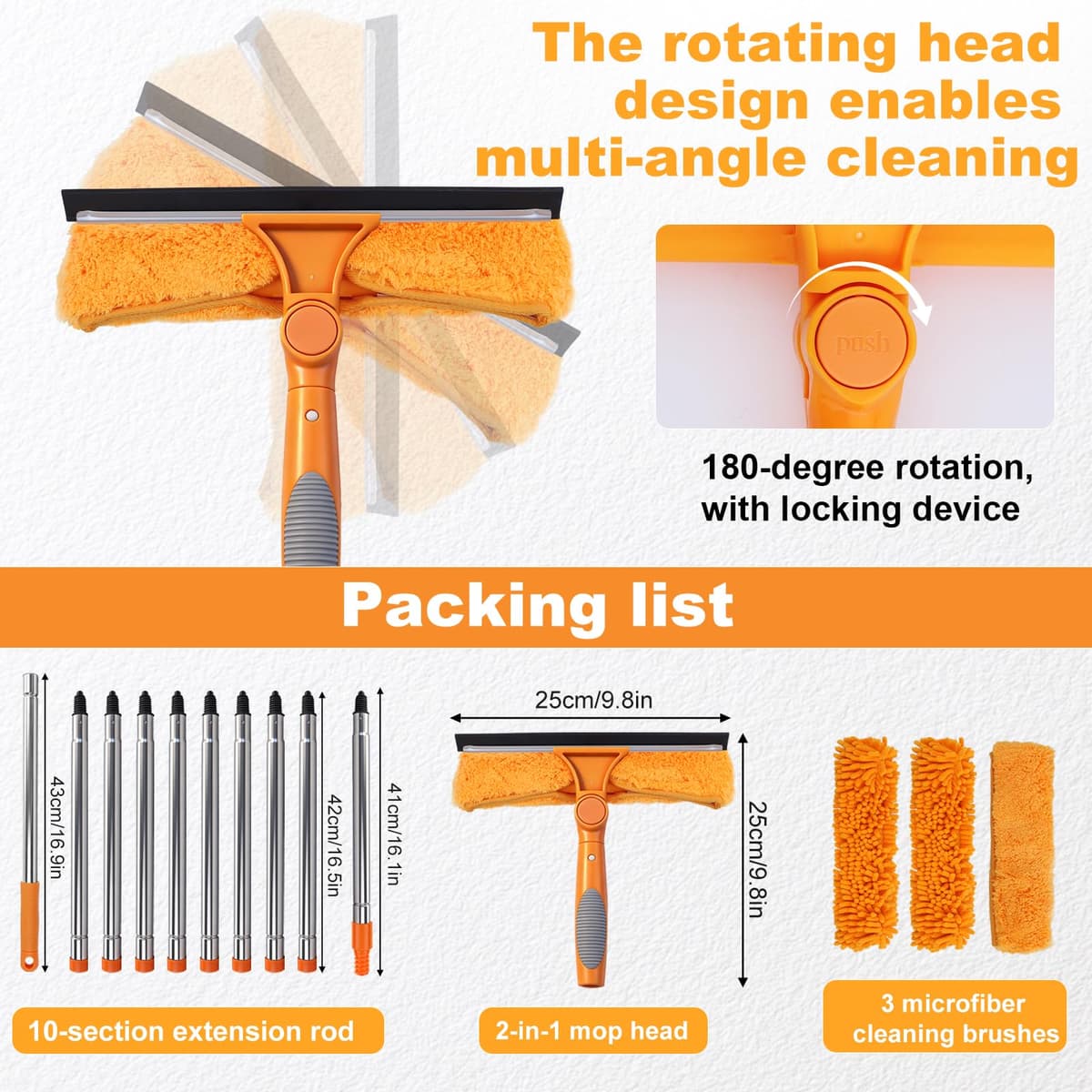 HA Bin Limpiacristales Profesional con Mango Extensible (400 CM), 2 en 1 Rasqueta de Silicona y Paño de Microfibra, Kit Limpiador de Cristales para Ventanas, Espejos, Coche, Ducha – Sin Rayas — view 2