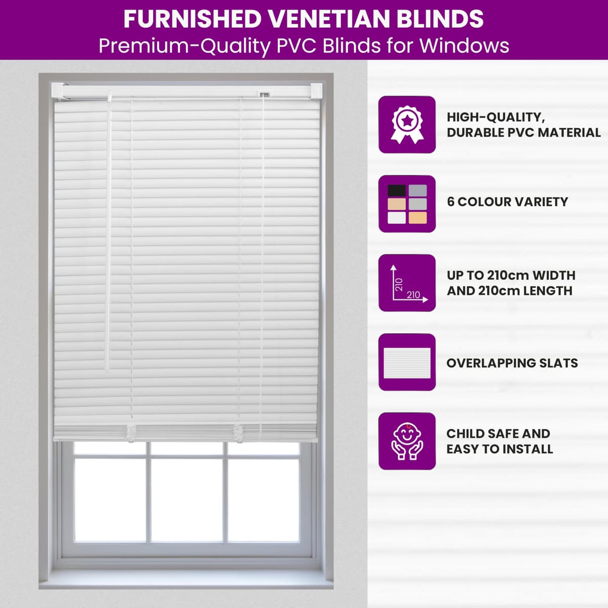 FURNISHED Venetian Blinds Window Venetian Blind Easy Fit PVC Shutters Trimmable Shades for Home Kitchen Windows Treatment Shutters 25mm Slats Complete Child Safe Fittings - White 75W x 150L cm — view 2