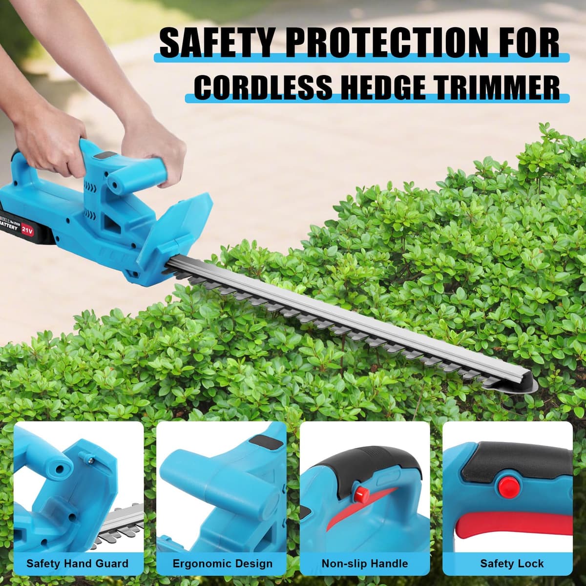 Hedge Trimmer Cordless,52cm Laser-Cut Diamond Hedge Cutter with 21v Battery & 2 Batteries,Lightweight Hedge Trimmer Cordless 2kg,2400 Cuts/Min,45° Adjustable,Safety Lock,Anti-Vibration for Gardeners — view 4
