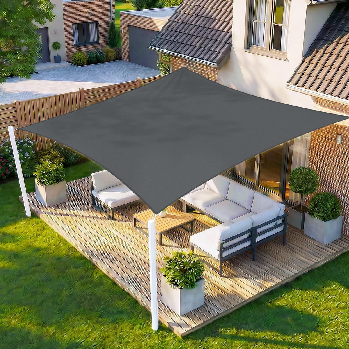 HENG FENG Toldo Vela de Sombra Rectangular 4x5m, PES 160 g/m² Impermeable, 95% Bloqueo UV, para Exterior en Terraza, Jardín, Patio - Incluye Cuerda de Fijación - Beige — view 12