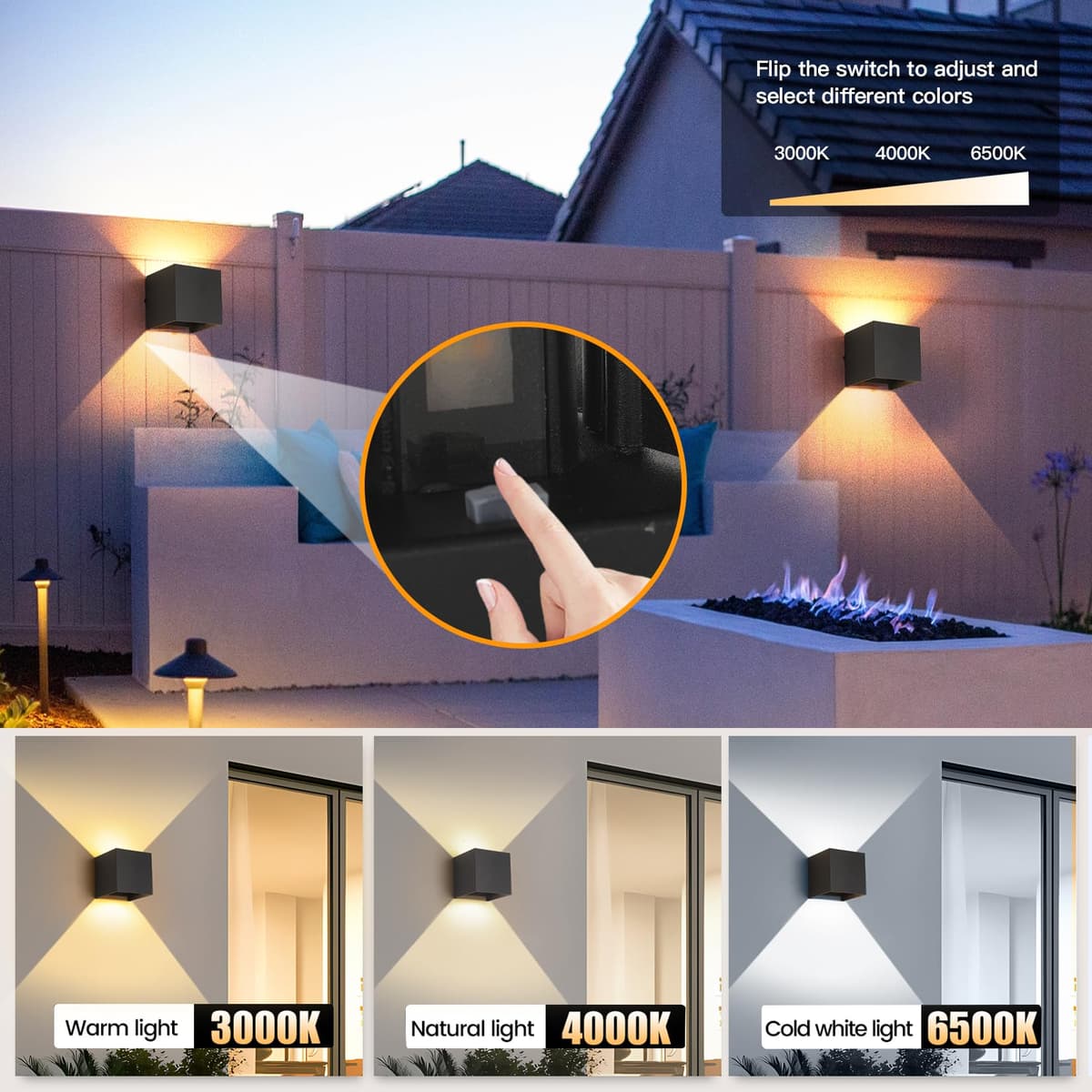 FUPE LED Aplique de Pared Exterior Interior Luz Ajustable de 3 Colores Lámparas de Pared Moderno Negro 15W IP65 Impermeable Apliques de exterior cuadrada de aluminio Ángulo de luz ajustable 11CM — view 3