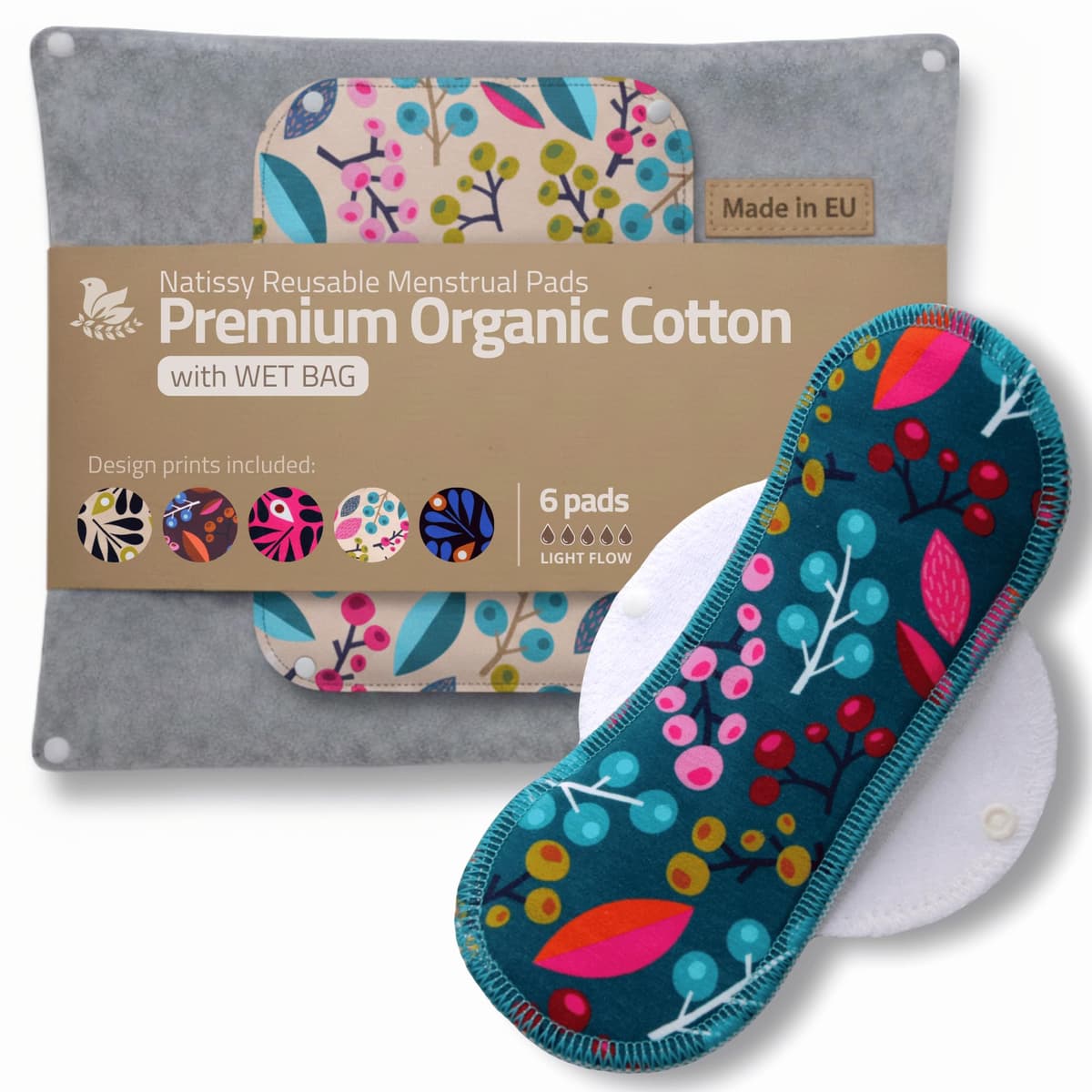 Compresas reutilizables en algodón orgánico para flujo ligero (S+M, 6 uds.); lavables a alta T°, HECHAS EN LA UE; suaves y no irritantes, compresas de tela para una higiene menstrual cómoda de mujeres