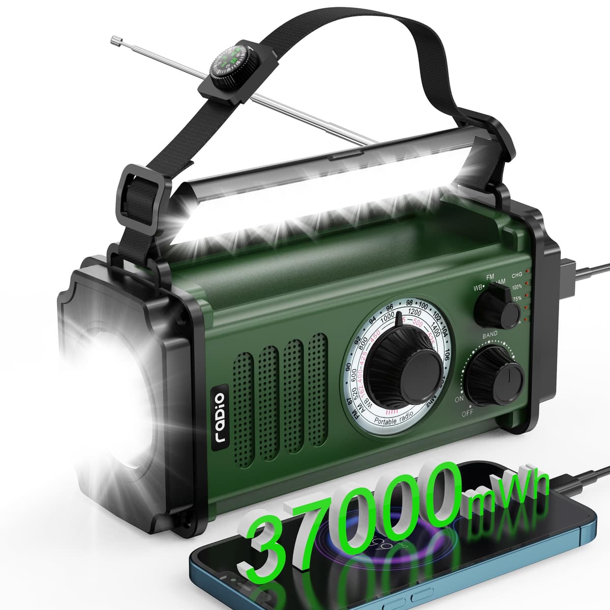 10000mAh/37000mWh Wind Up Solar Radio, AM/FM Hand Crank Emergency Weather Radio, 4 Charging Methods, Polymer Battery, Flashlight & Reading Lamp, SOS Alarm, Phone Charger for Emergency, Green