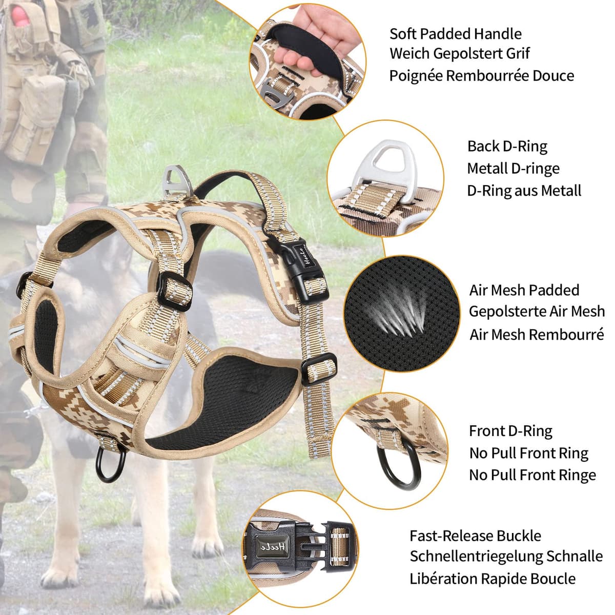 HEELE Arnés antitirones para Perro, Chaleco Transpirable Ajustable, Duradero, Reflectante, fácil de Poner, arnés de Camuflaje para Perros pequeños, medianos y Grandes, Camuflaje Caqui, M — view 3