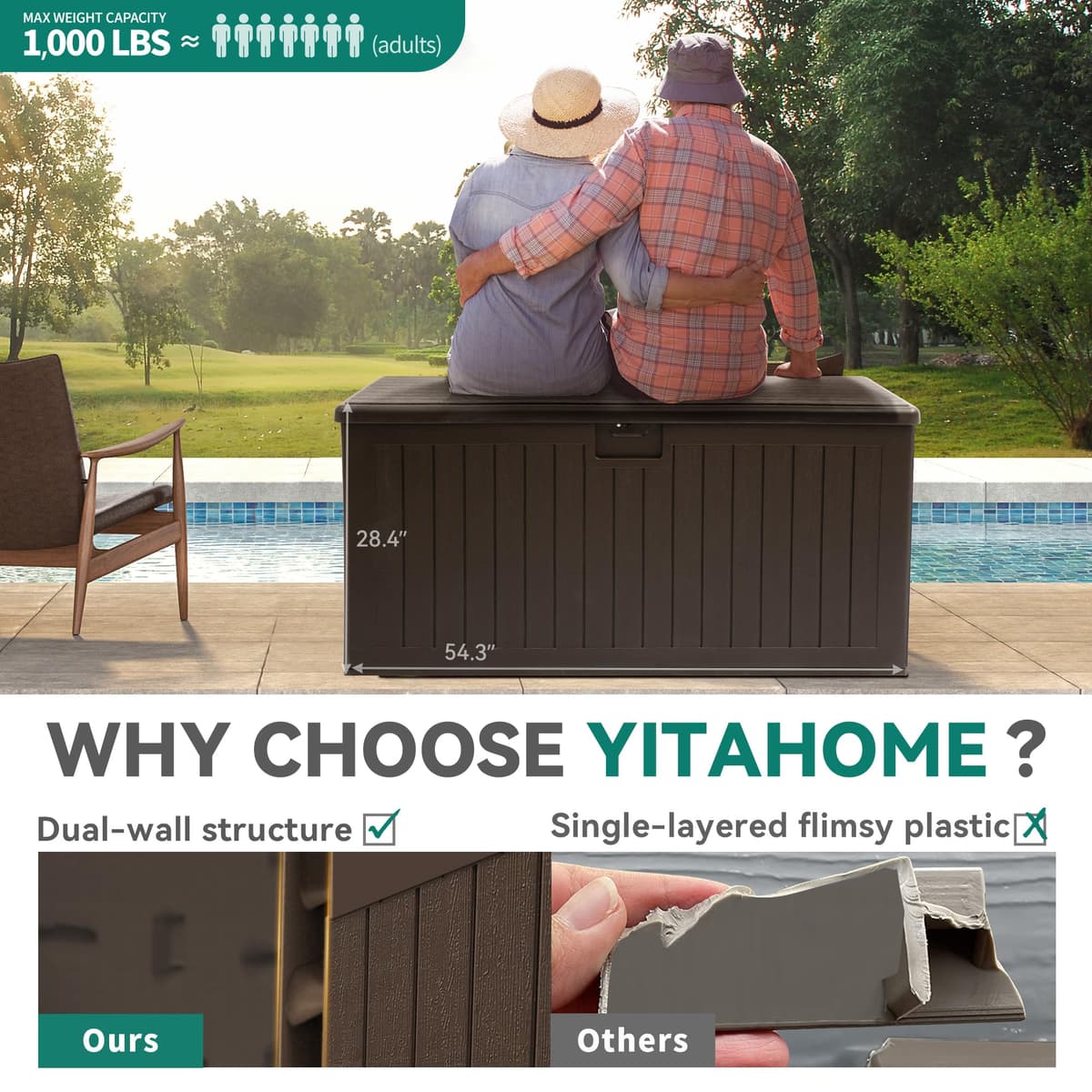 YITAHOME Garden Storage Box Outdoor 567.8L, Heavy-Duty Waterproof Resin Deck Box with Lockable Lid, All-Weather Storage Bench for Patio Furniture, Cushions, Pool & Garden Tools, Brown — view 5
