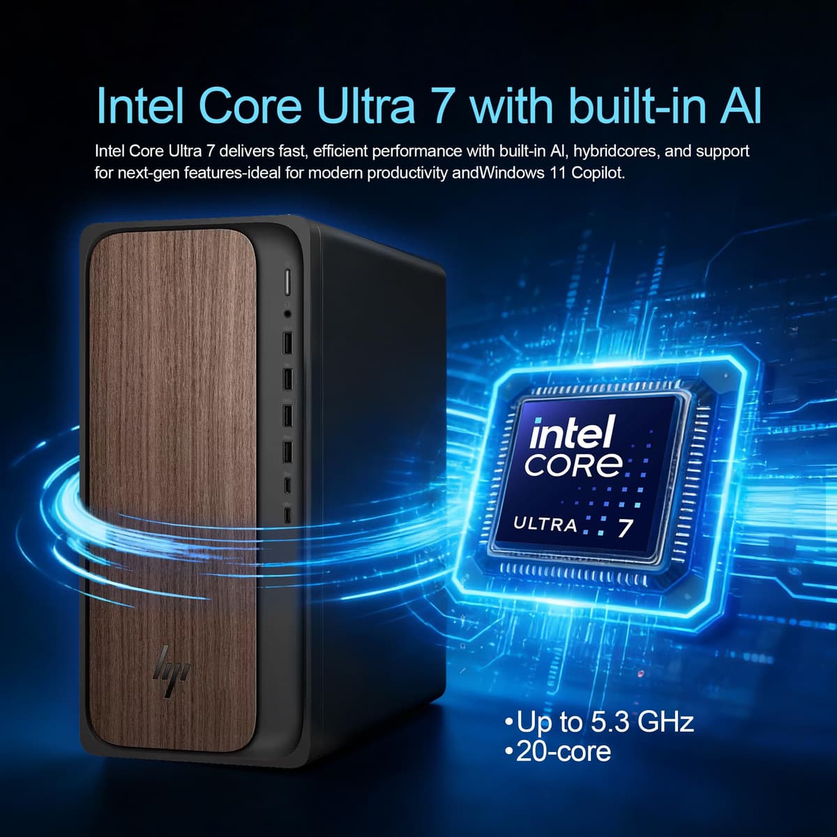 HP OmniDesk Desktop Computer – Intel Core Ultra 7 265,32GB DDR5 1TB SSD,Sleek Dark Wood Design, AI-Ready Performance, Windows 11 Pro with Dockstation — view 4
