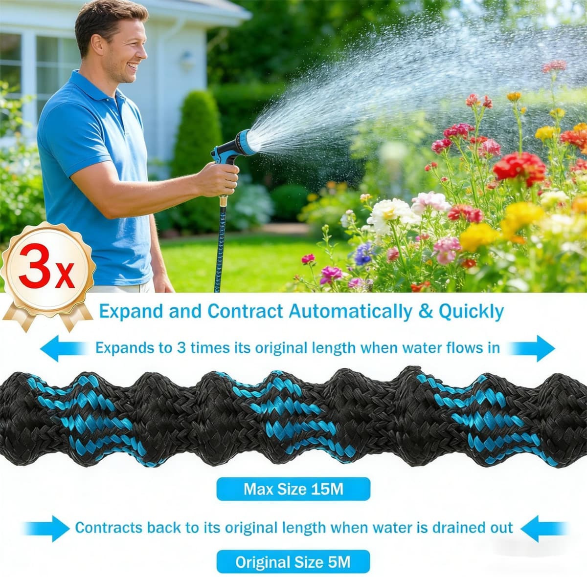 Expandable Garden Hose - Upgraded 3-Layer Latex Hose Pipe 50ft 15m Leak-Proof, Expanding Hose with Spray Gun, Stretchy Magic Hose with Fittings,No-Kink Flexible Water Hose for Garden,Pet,Car Cleaing — view 3