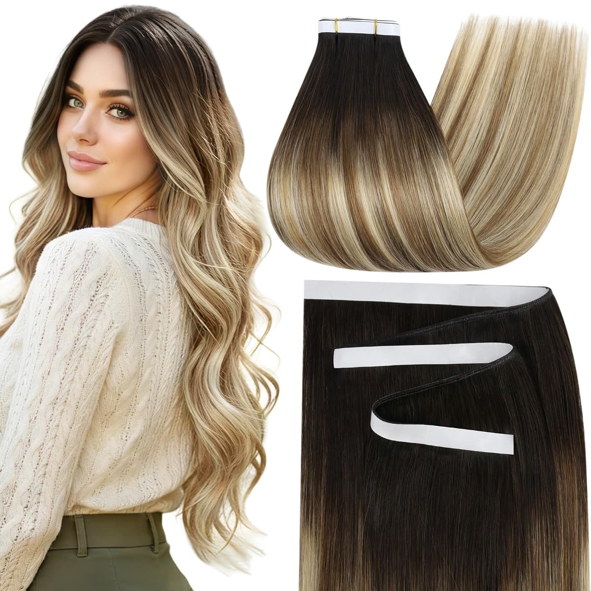 Moresoo Tape in Human Hair Extensions 20 Inch Highlight 50g/20pcs Tape in Hair Extensions Human Hair Ash Blonde with Platinum Blonde #P18/613 — view 63