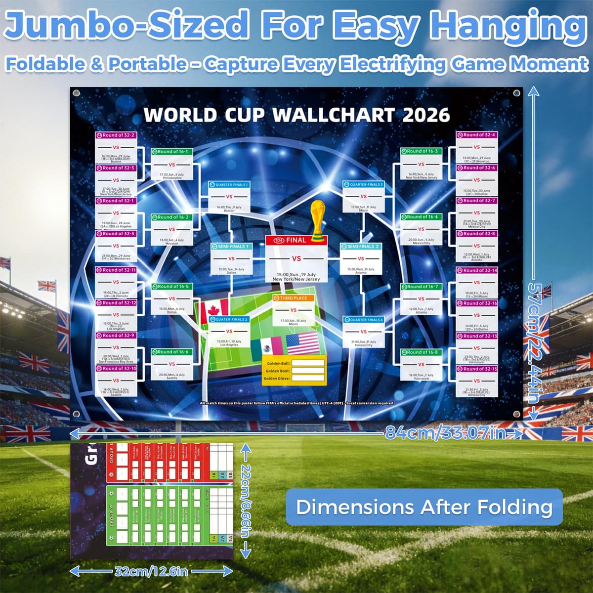 Kunoli 2026 FIFA World Cup Schedule Poster - 48 Teams Tournament Wall Chart, 2-in-1 Double-Sided Match Fixtures & Team Info, A1 Size 84x57cm, PVC Material, Football Party Decor & Fan Gift — view 2