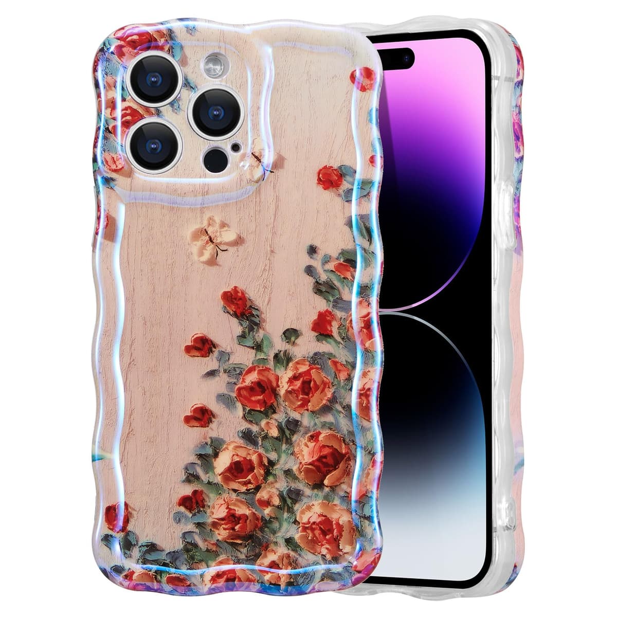 EYZUTAK Case for iPhone 16, Colorful Retro Oil Painting Printed Flower Laser Glossy Pattern Cute Curly Wave Edge Exquisite Phone Cover Stylish Durable TPU Protective Case for Girl Women-Green — view 15