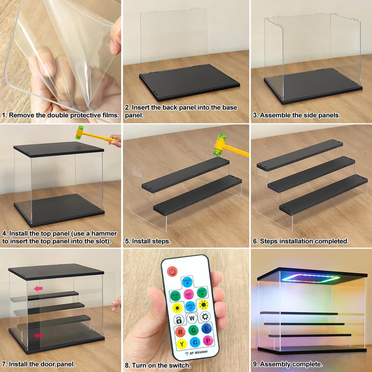 Nonemey Vitrina Expositora Transparente con Luz Led de Colores,3/4/5/6 Niveles Cajas de Metacrilato,Antipolvo Caja Organizadora,Vitrina Acrílica para Colecciones (Negro, 4Tier-31.5*24.5*26.5 cm) — view 3